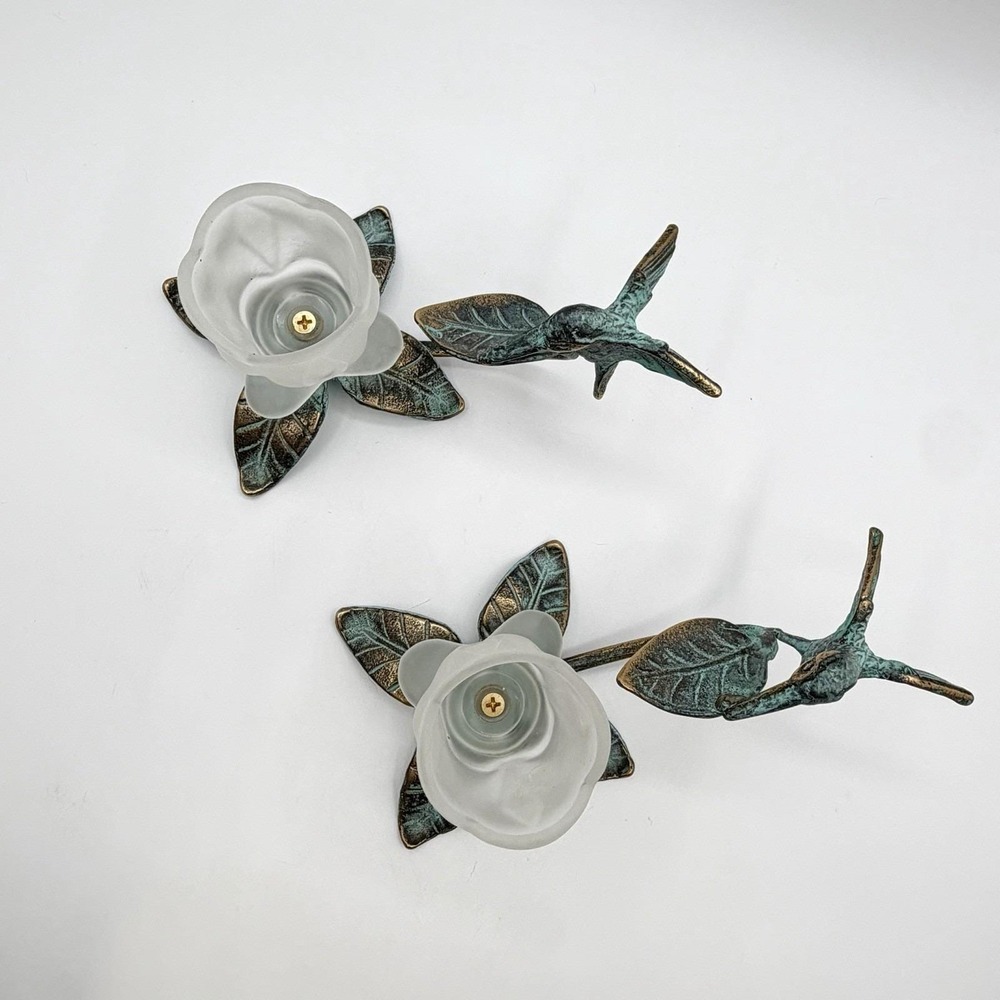 Vintage 90's Brass Hummingbird Verdigris Flower Candle Holder Vase Green Ivy - Picture 4 of 16